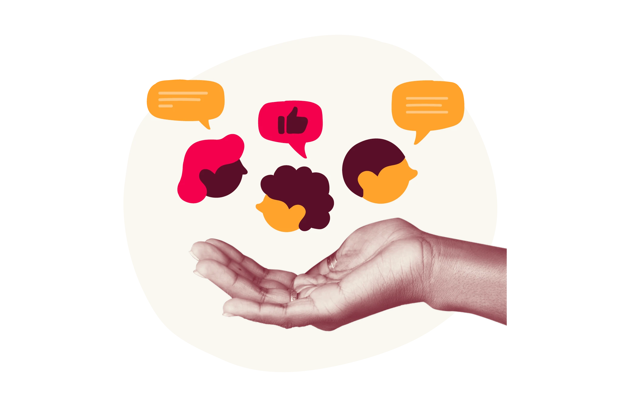 hand holding colorful speech bubbles and faces representing communication and interaction, illustration of conversation and engagement