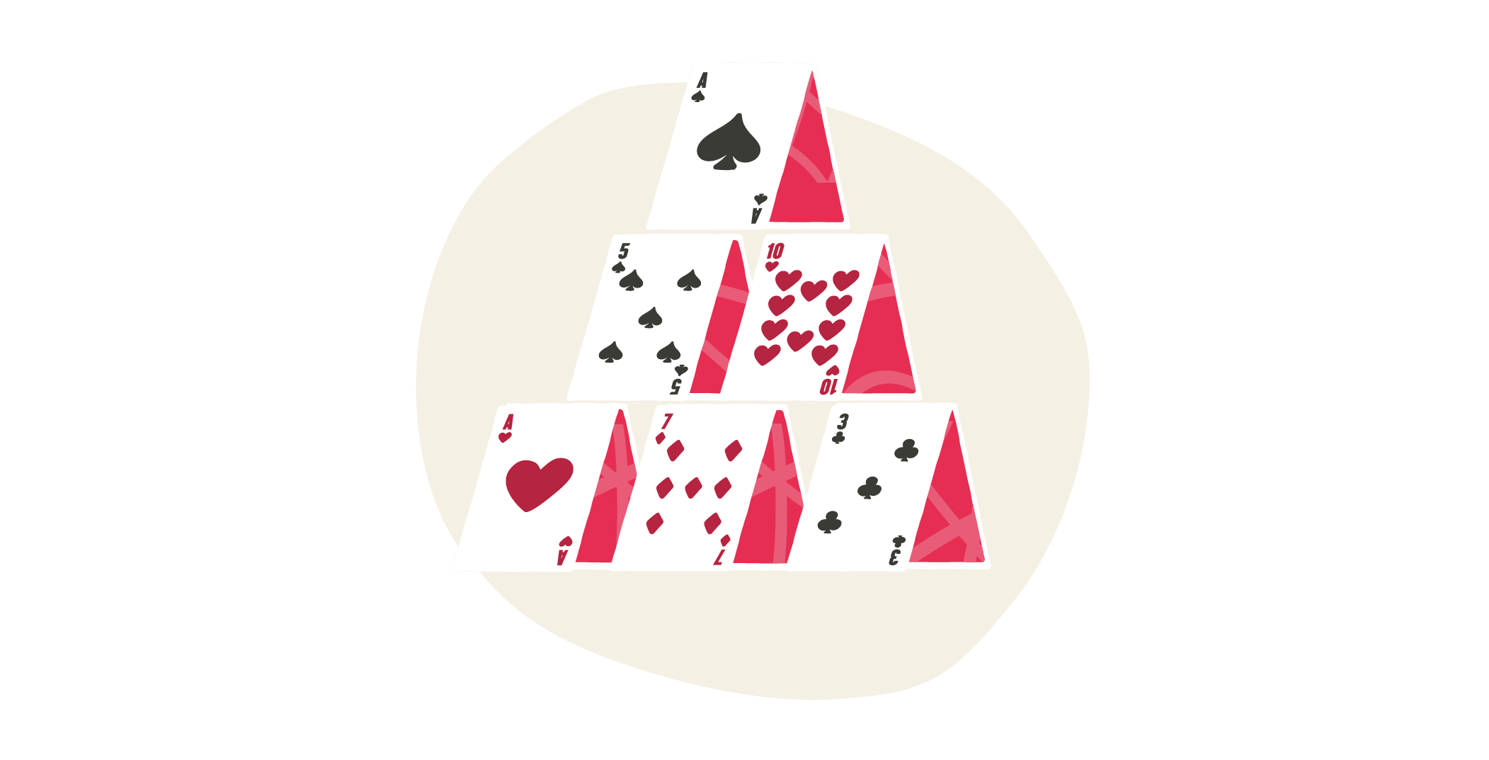 playing cards stacked in a pyramid form with spades and hearts on a soft background, pyramid of playing cards with heart and spade designs