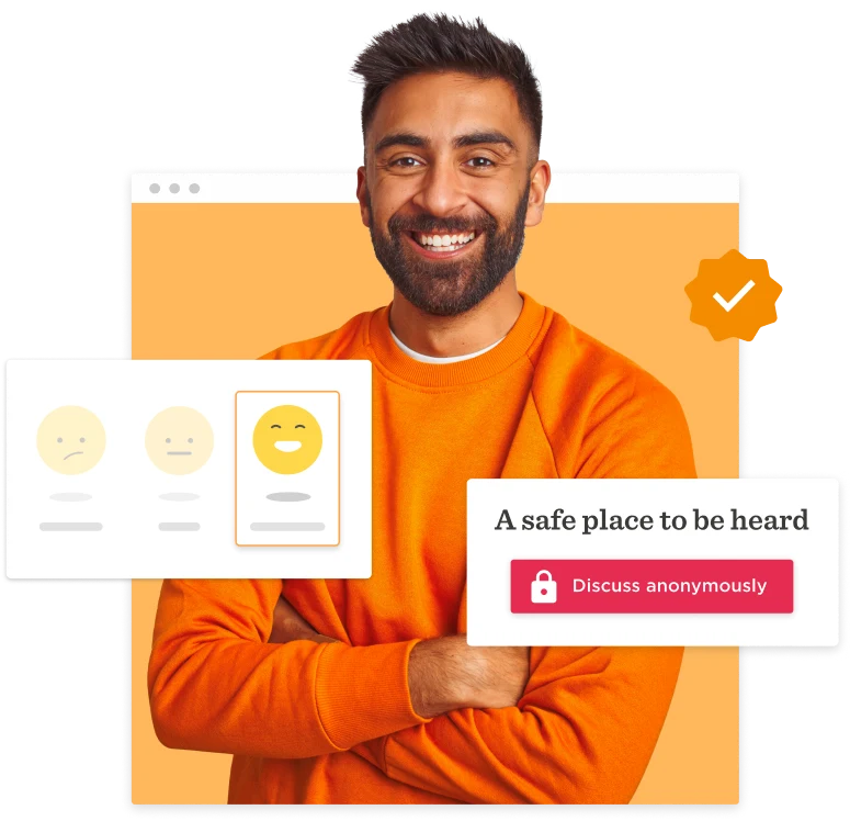 smiling man in orange sweater with feedback icons and messaging about safe anonymous discussion, feedback and support features highlighted