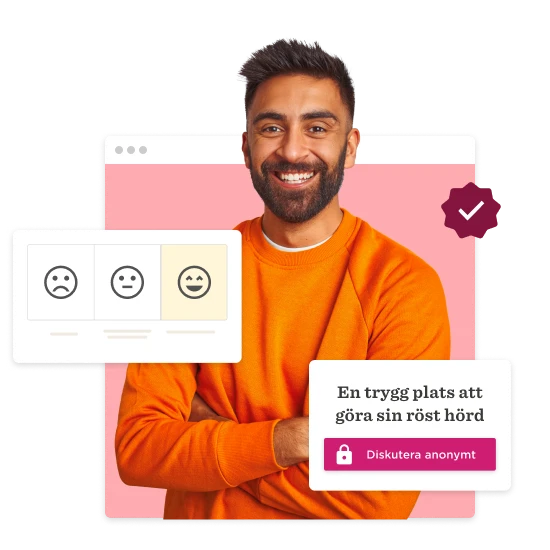 man in orange sweater smiling with feedback icons and text about anonymous discussion, positive user experience and engagement