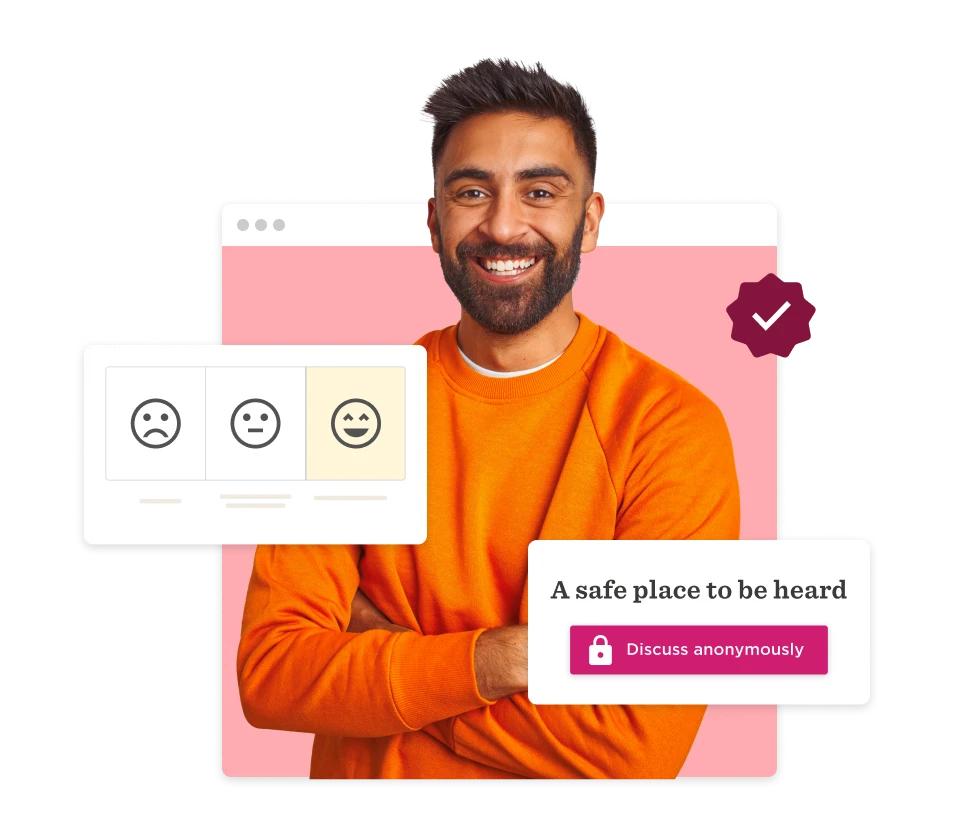 smiling man in orange sweater promoting emotional feedback and safe discussions, feedback interface with happy face icon