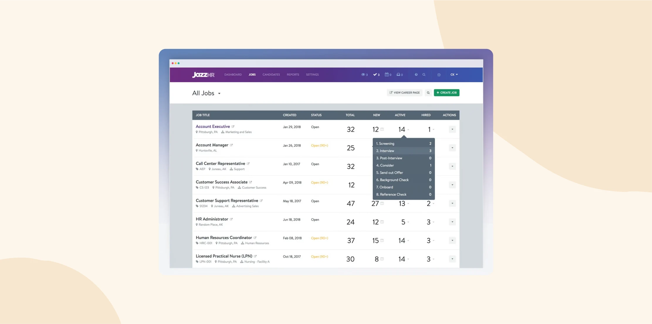job listing interface, JazzHR job management dashboard with positions, status, and hiring stages displayed.