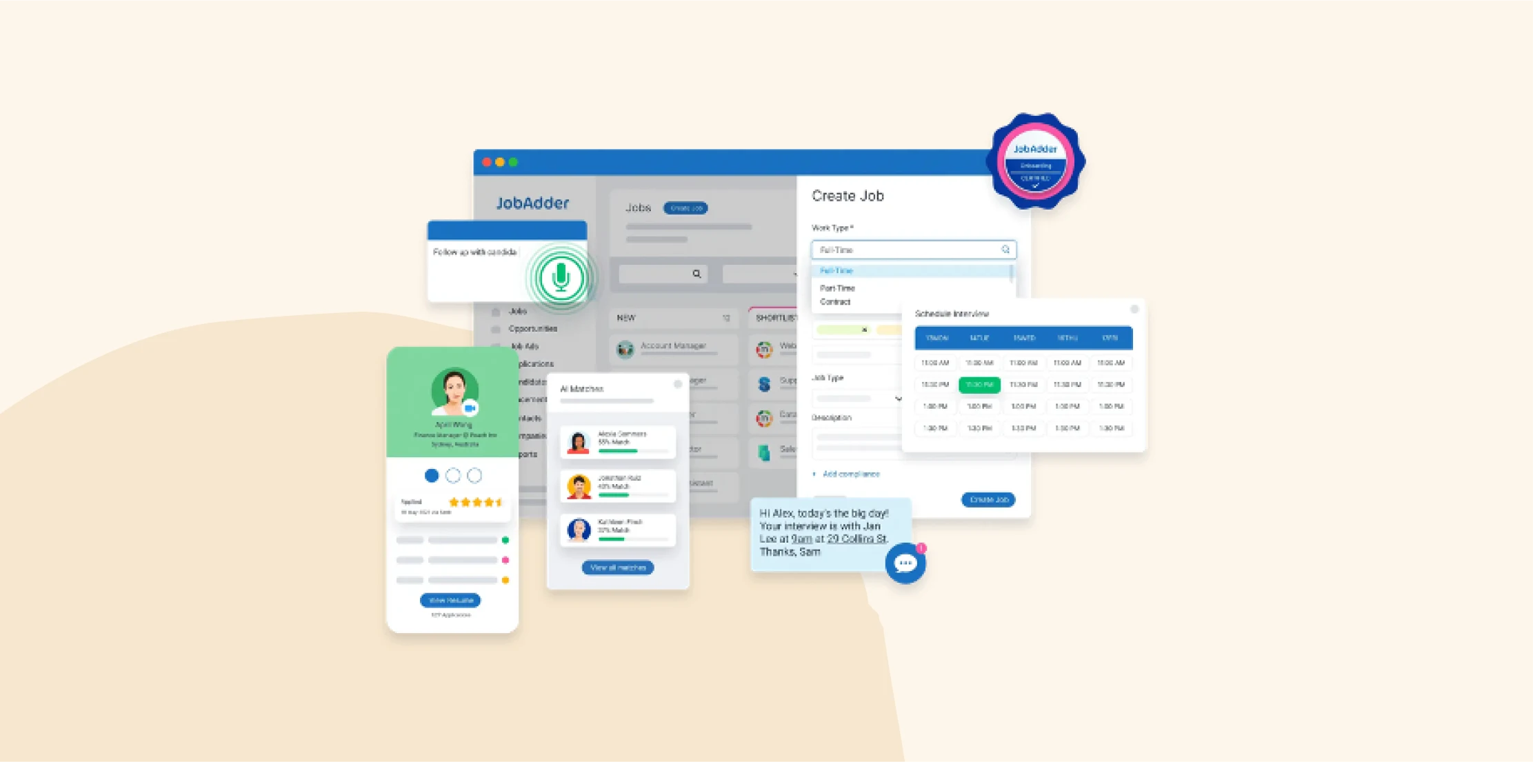 job management interface, candidate profile and scheduling features