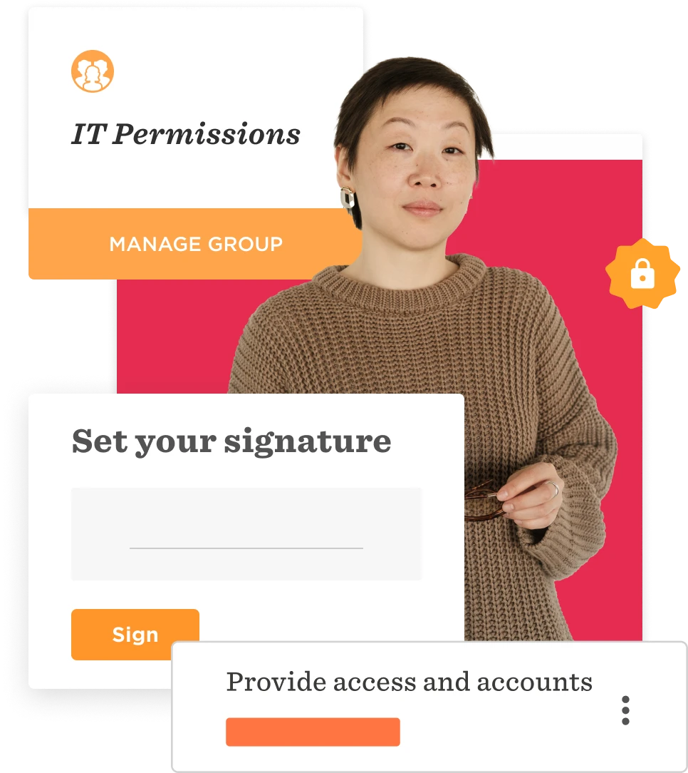 IT permissions interface with user, signature setting, and access options in a vibrant design., User managing IT permissions and signatures.