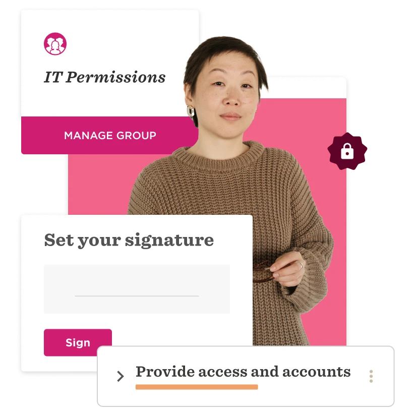 IT permissions management interface with a woman in a brown sweater, highlighting signature setup and access options. , ITPermissions, SignatureSetup