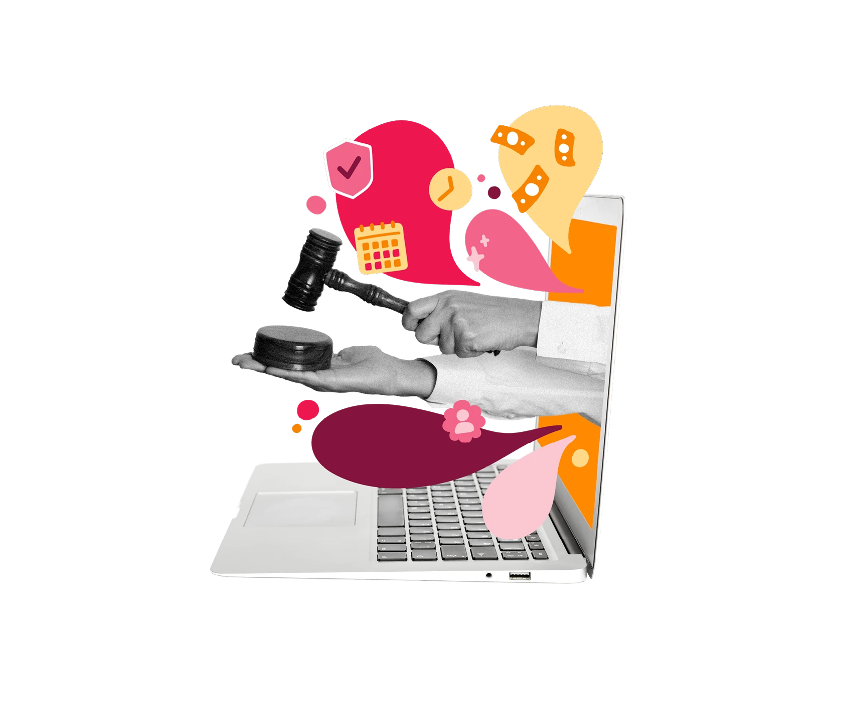 gavel, hands, laptop