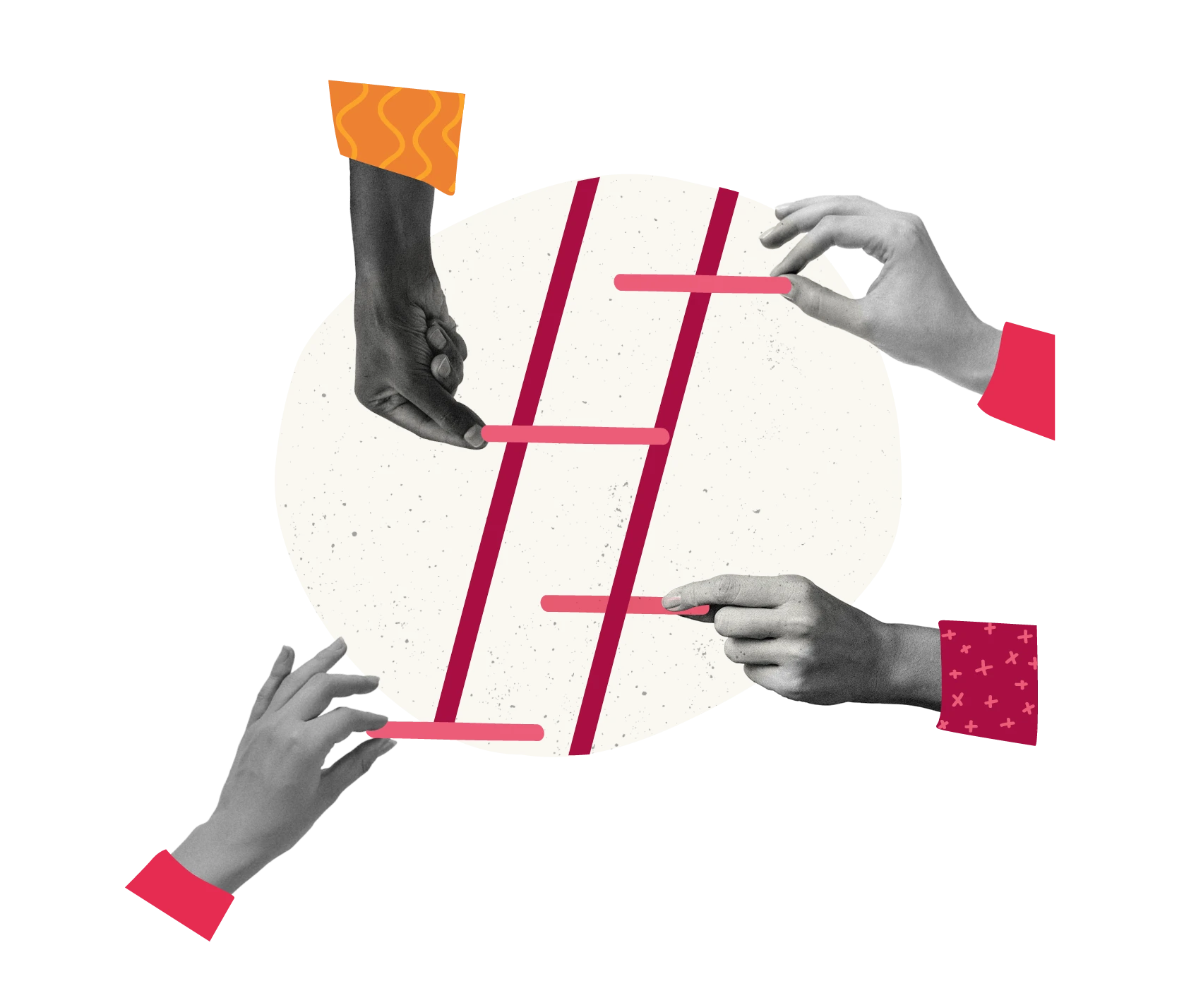 hands collaborating, colorful abstract ladder design