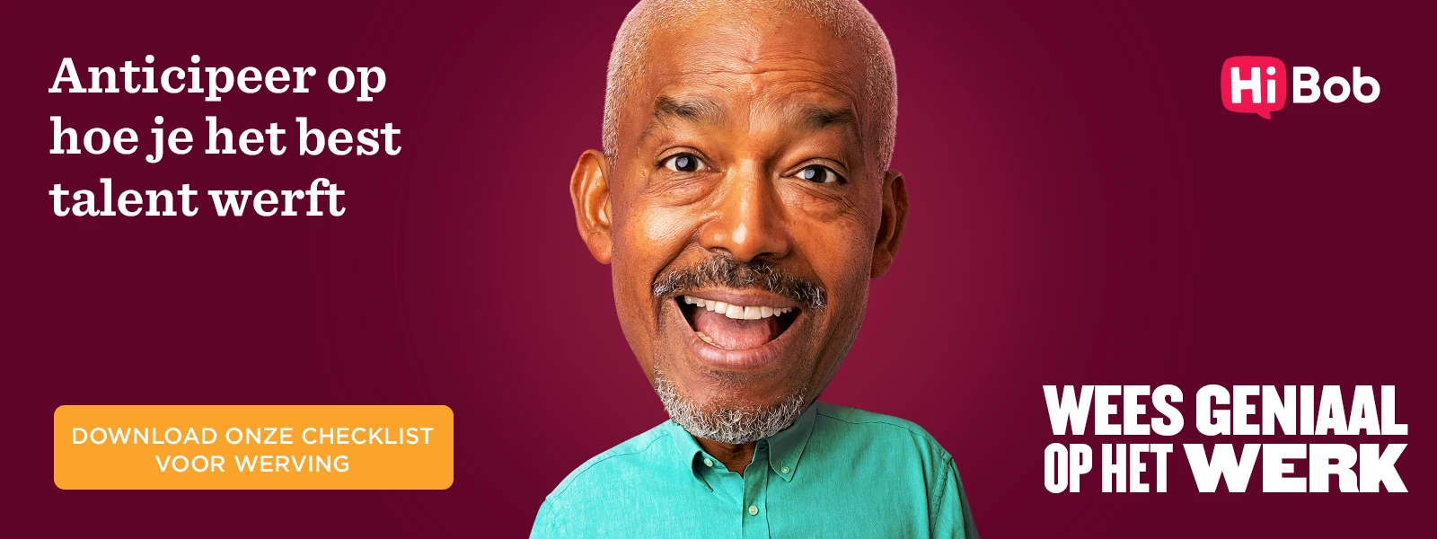 smiling man promoting recruitment strategy, download checklist for talent acquisition