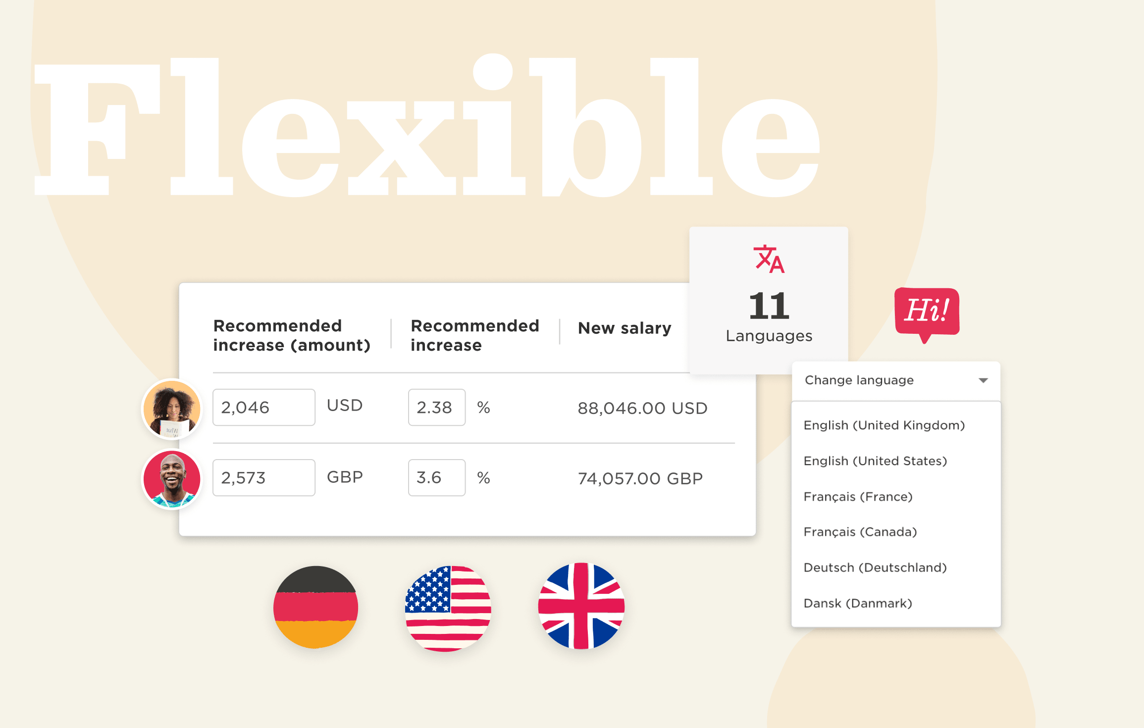 flexible salary analysis table displaying recommended increases in USD and GBP with language options, salary increase table with flag icons representing German, British, and US English