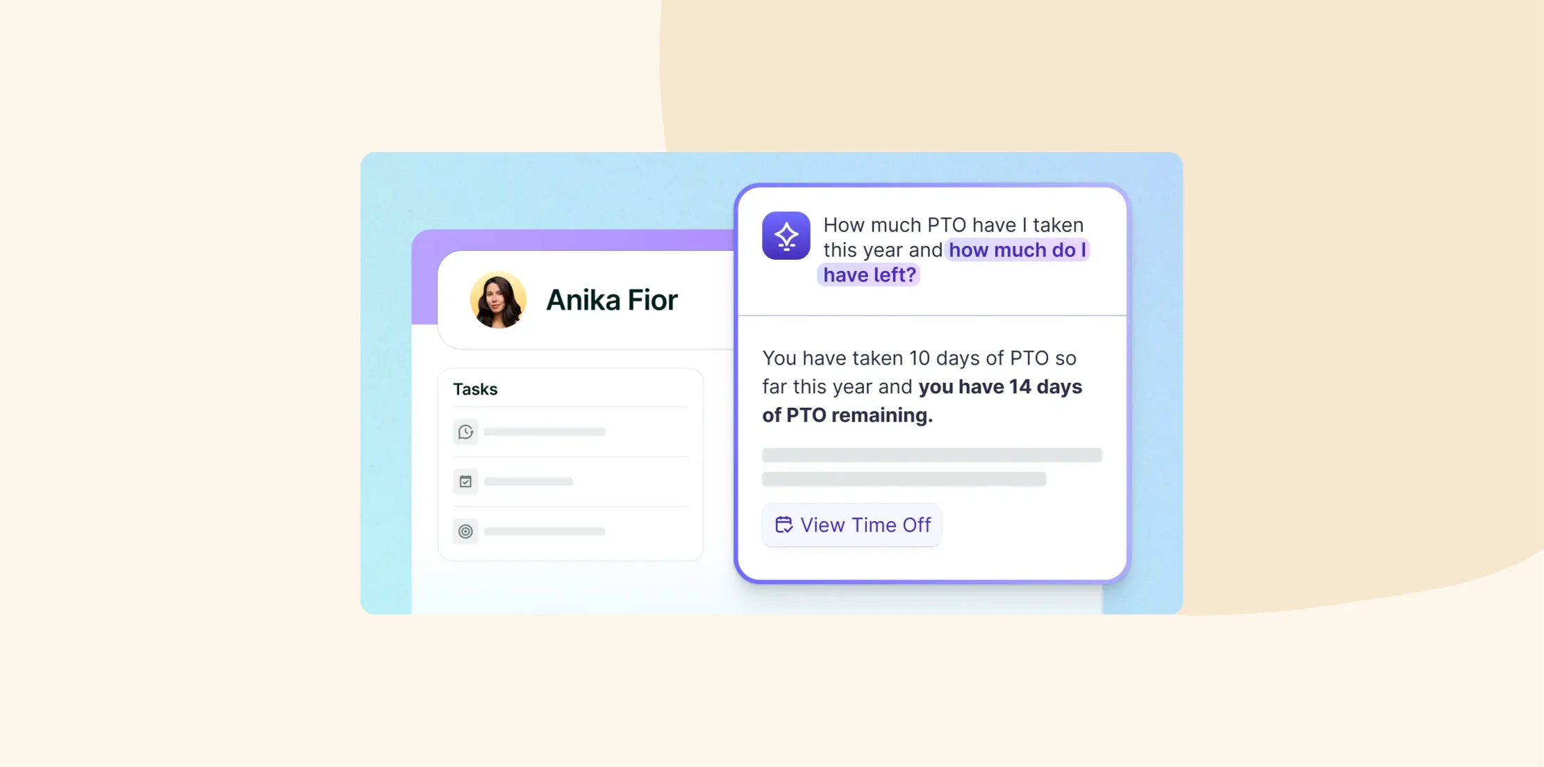 PTO tracker interface displaying Anika Fior's tasks, with summary of taken and remaining PTO days. Use ‘View Time Off’ function. PTO tracker, Anika Fior