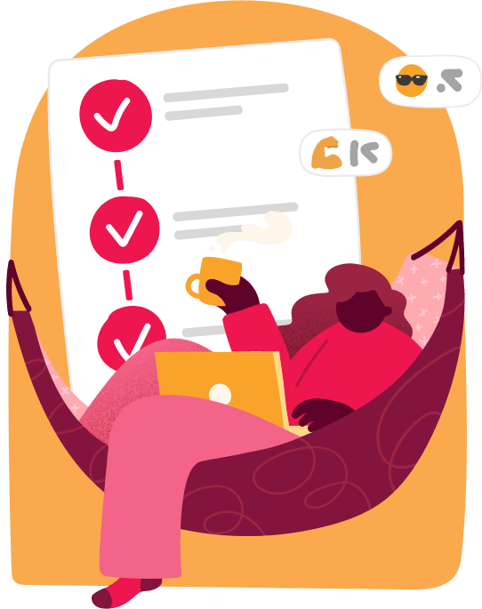relaxed person in hammock using laptop, holding coffee, checklist on screen, colorful background, working from home, productivity scene
