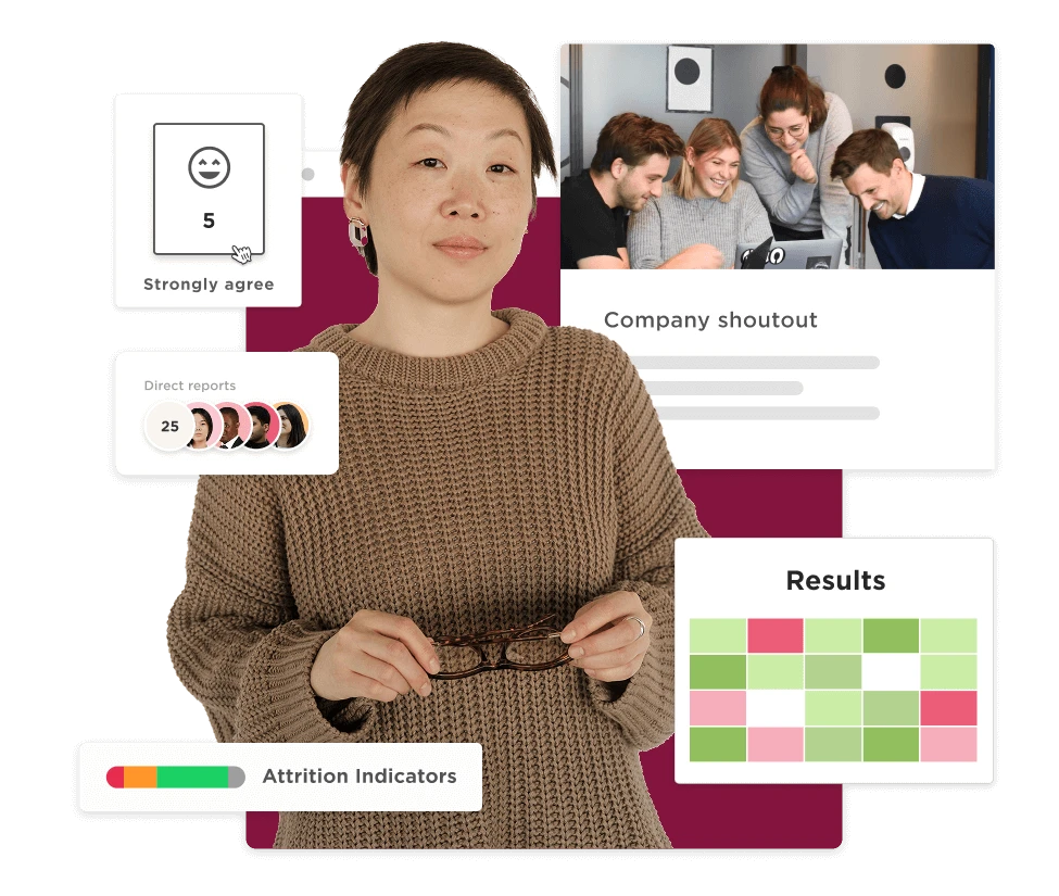 professional woman in a brown sweater with glasses, analytics dashboard showing results and attrition indicators, employee engagement metrics visualization with feedback display