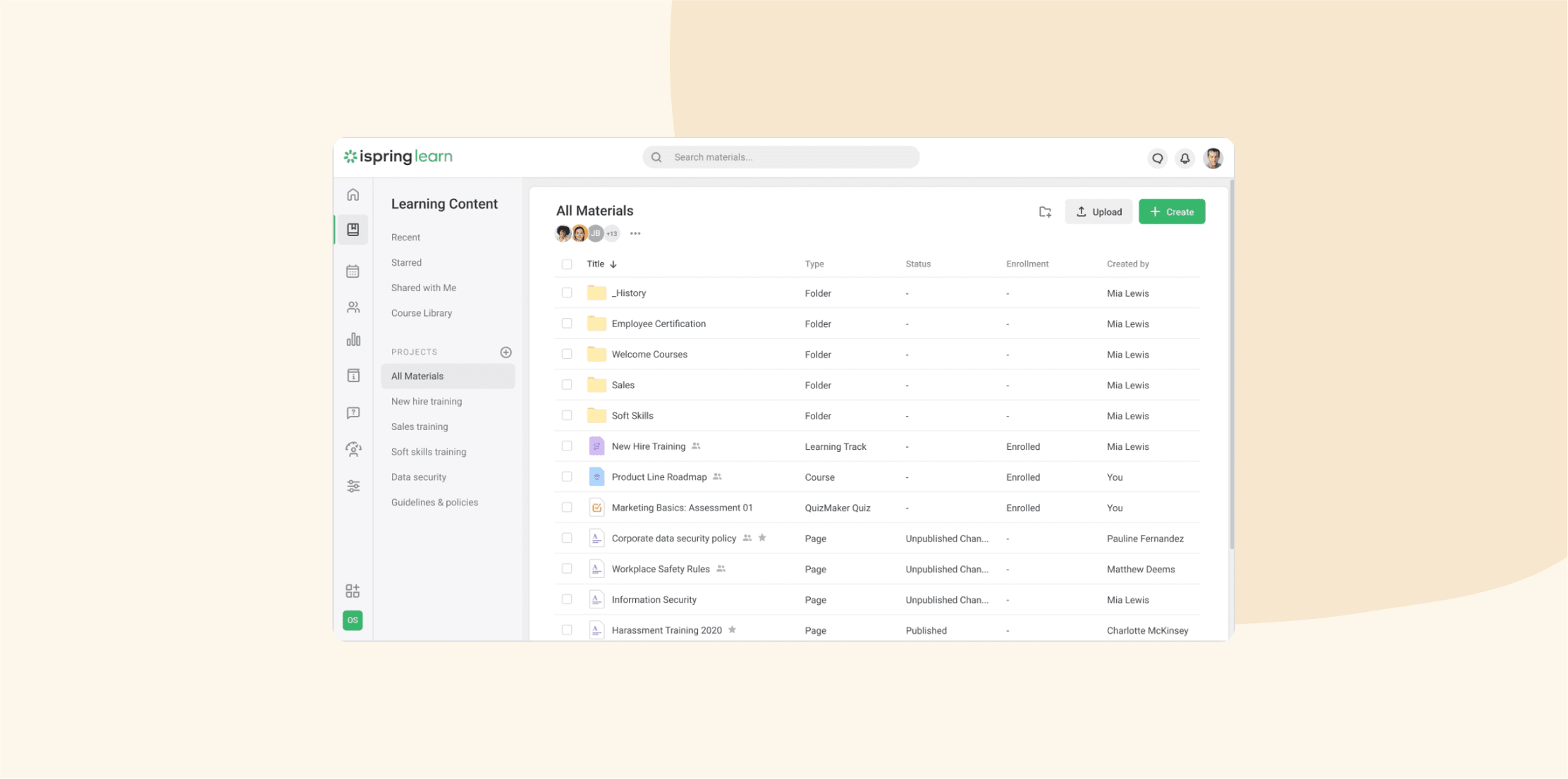 iSpring Learn dashboard showcasing learning content with folders, courses, and user information for training management, e-learning platform interface displaying organized training materials and user-created content categories.