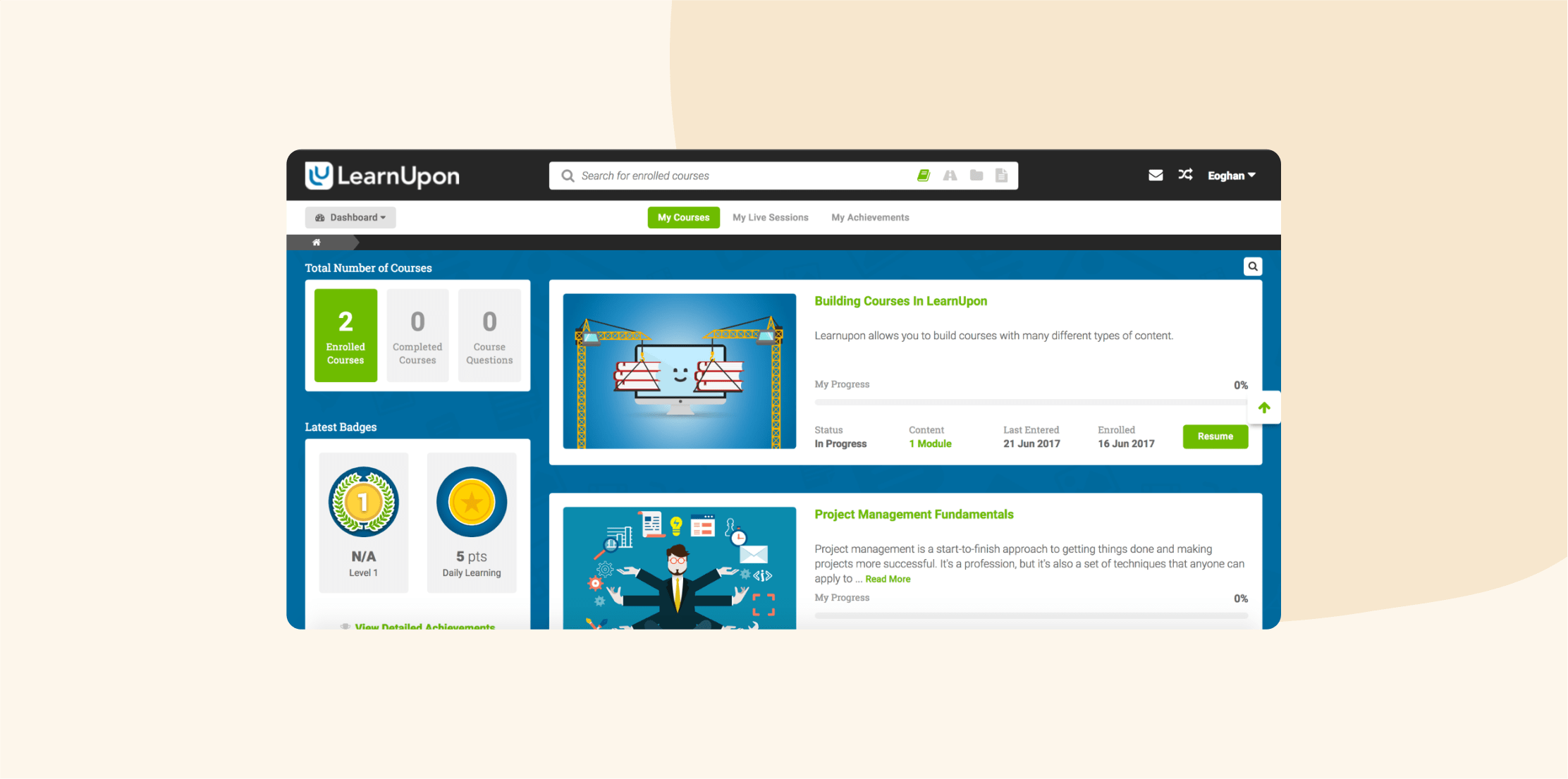 LearnUpon dashboard showing enrolled courses, progress details, and course status graphic elements., Course management dashboard with progress indicators and badges.
