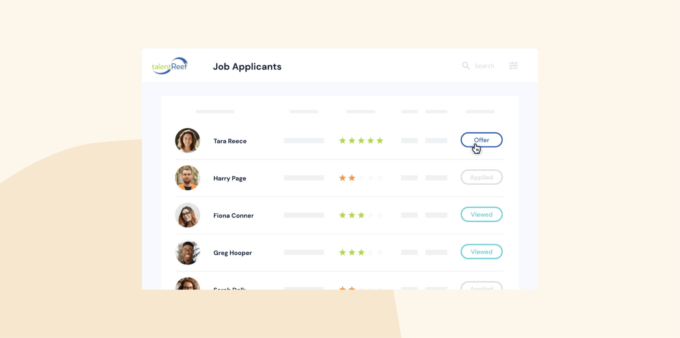 job applicants interface with ratings and statuses like "Offer" and "Applied" for recruitment ease, user-friendly hiring platform layout