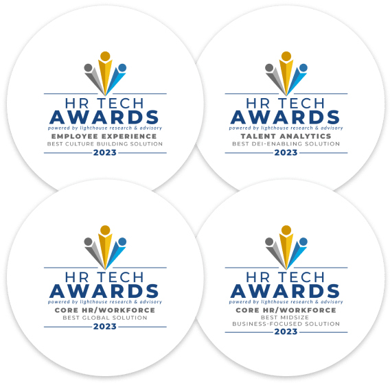 HR Tech Awards 2023 logos featuring categories like Best Culture Building and Best Global Solution., HR Tech Awards 2023 business solutions logos,