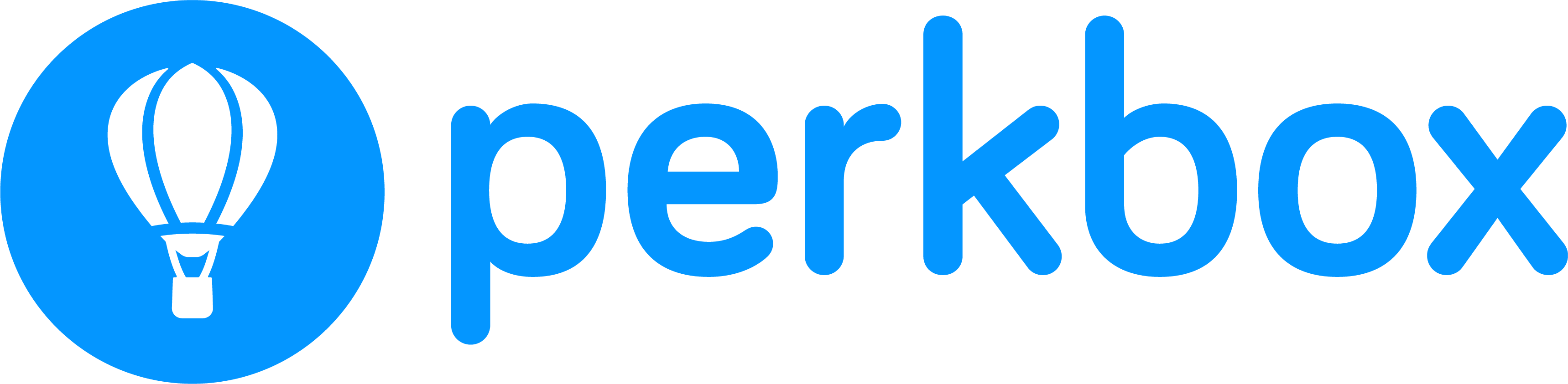 hot air balloon, perkbox logo on blue background