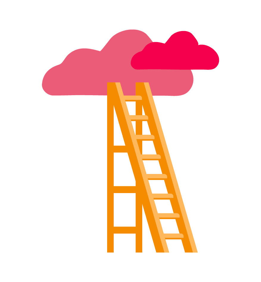 ladder leading to pink clouds, colorful ladder symbolizing aspiration and creativity in a vibrant illustrated style