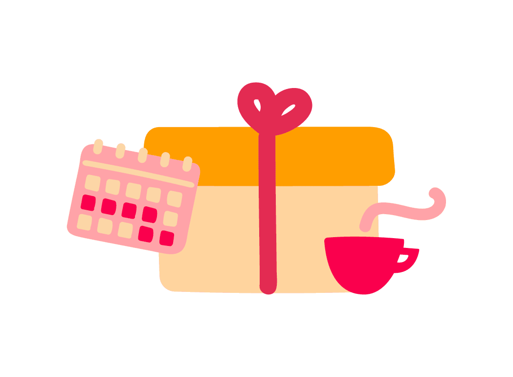 gift box with a heart bow, coffee cup, and calendar, symbolizing celebration and special occasions, colorful gift, coffee and calendar elements