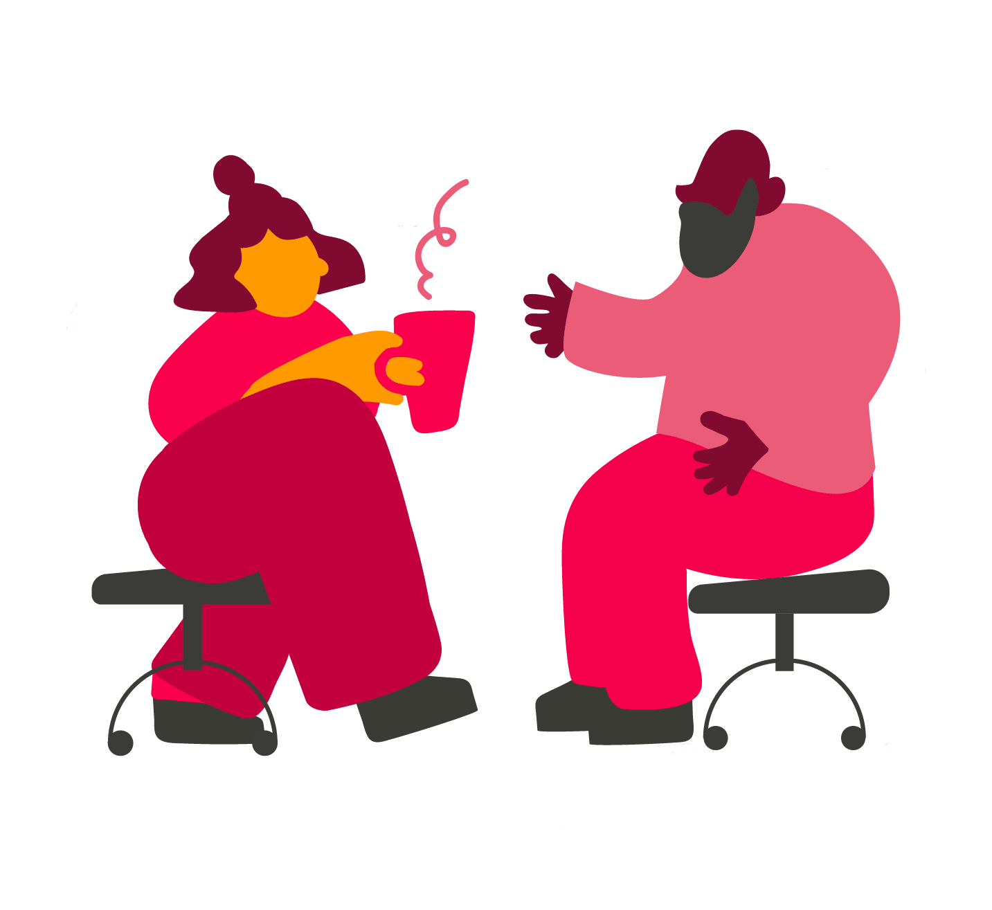 illustration of two people sitting on stools, one holding a drink, engaging in conversation with animated expressions, colorful, minimalistic design emphasizing communication and connection