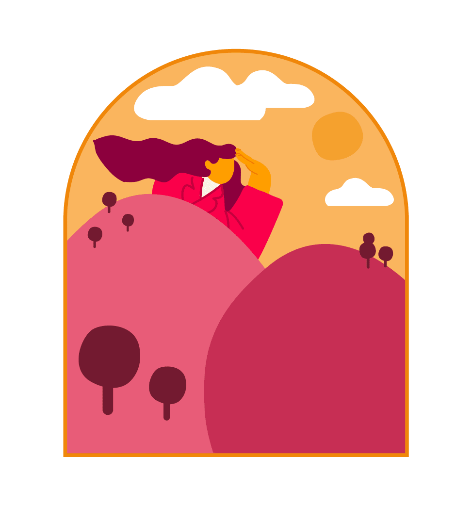 woman in red jacket gazing towards horizon, colorful hills beneath sunny sky with clouds, vibrant landscape illustration, bright colors