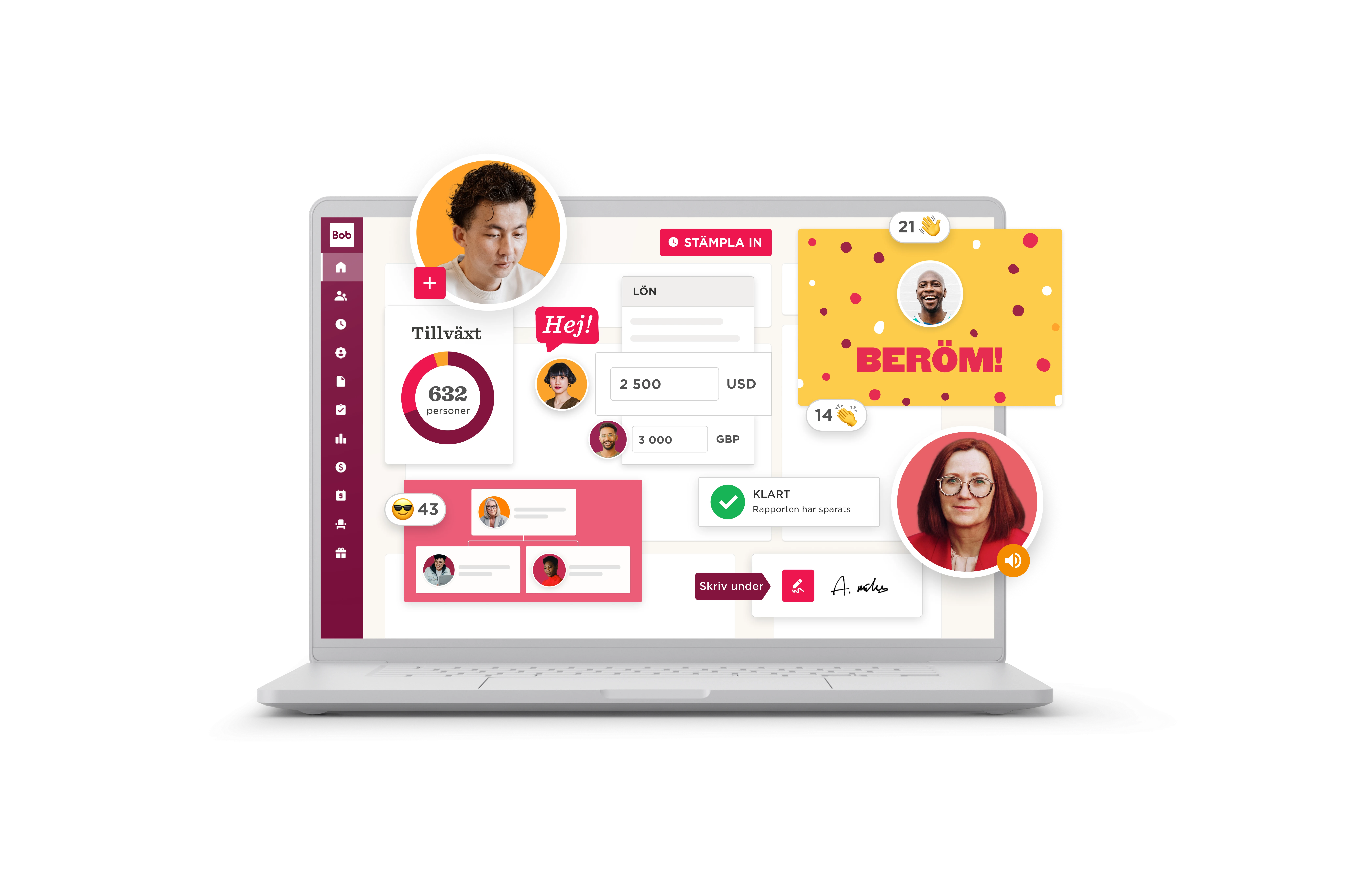 laptop interface displaying user stats, feedback icons, and personal avatars; vibrant colors enhance user engagement, user dashboard with growth metrics, financial information, and prompts for interaction