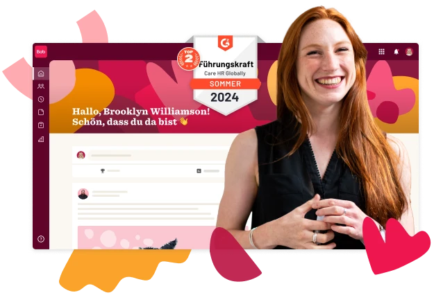 smiling woman with long red hair next to colorful digital interface, congratulating Brooklyn Williamson for top HR award, colorful design highlights user engagement and achievement screen
