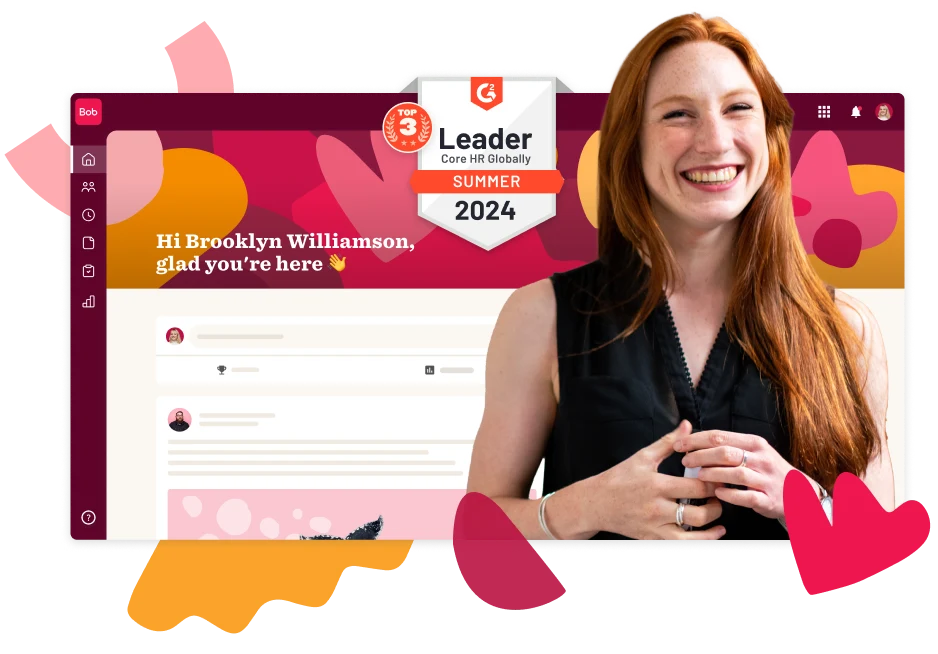 Happy woman smiling in front of a colorful interface, announcing HR platform's top global leader award for Summer 2024., Smiling woman with red hair displays HR software victory announcement in vibrant design.