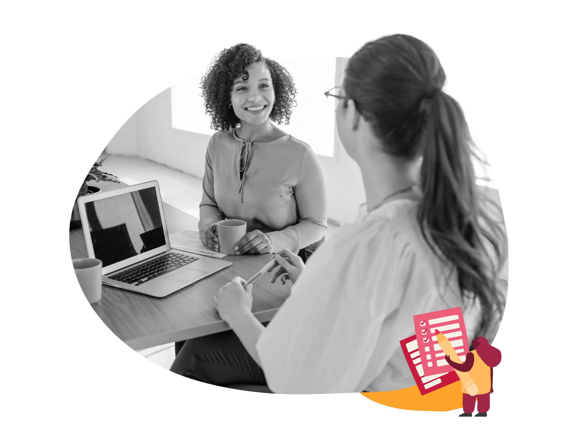 business meeting, women collaborating with laptop and cups in a bright office setting