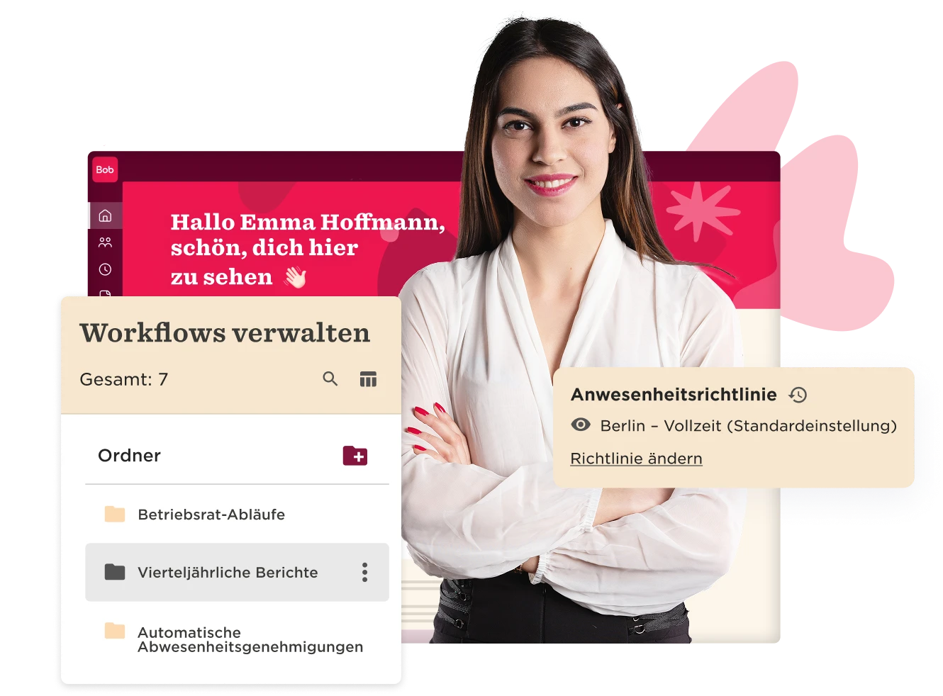 Emma Hoffmann featured with workflow management interface showcasing tasks, visual elements, and a warm greeting from the platform. alt1:Emma Hoffmann greeting interface with workflow management details, alt2:Professional woman with task management application background and warm welcome message.