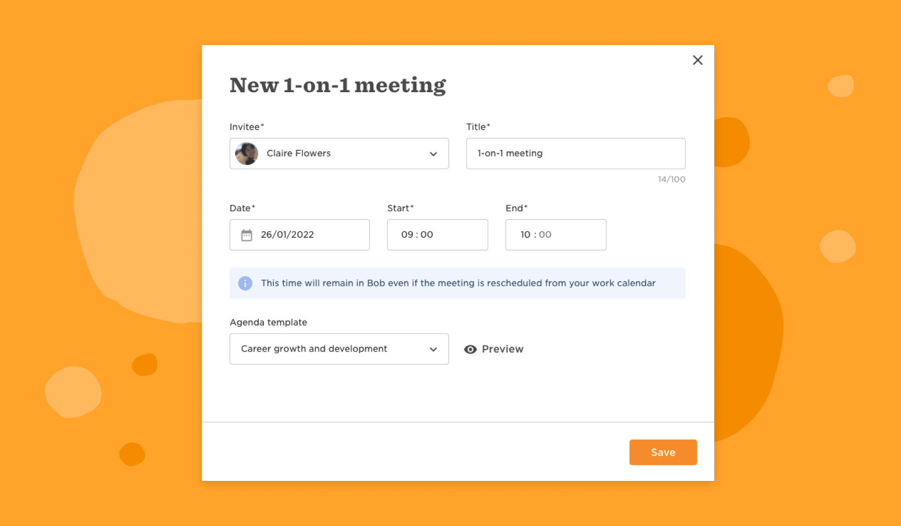new meeting scheduler interface, 1-on-1 meeting details with invitee and agenda options in vibrant orange background