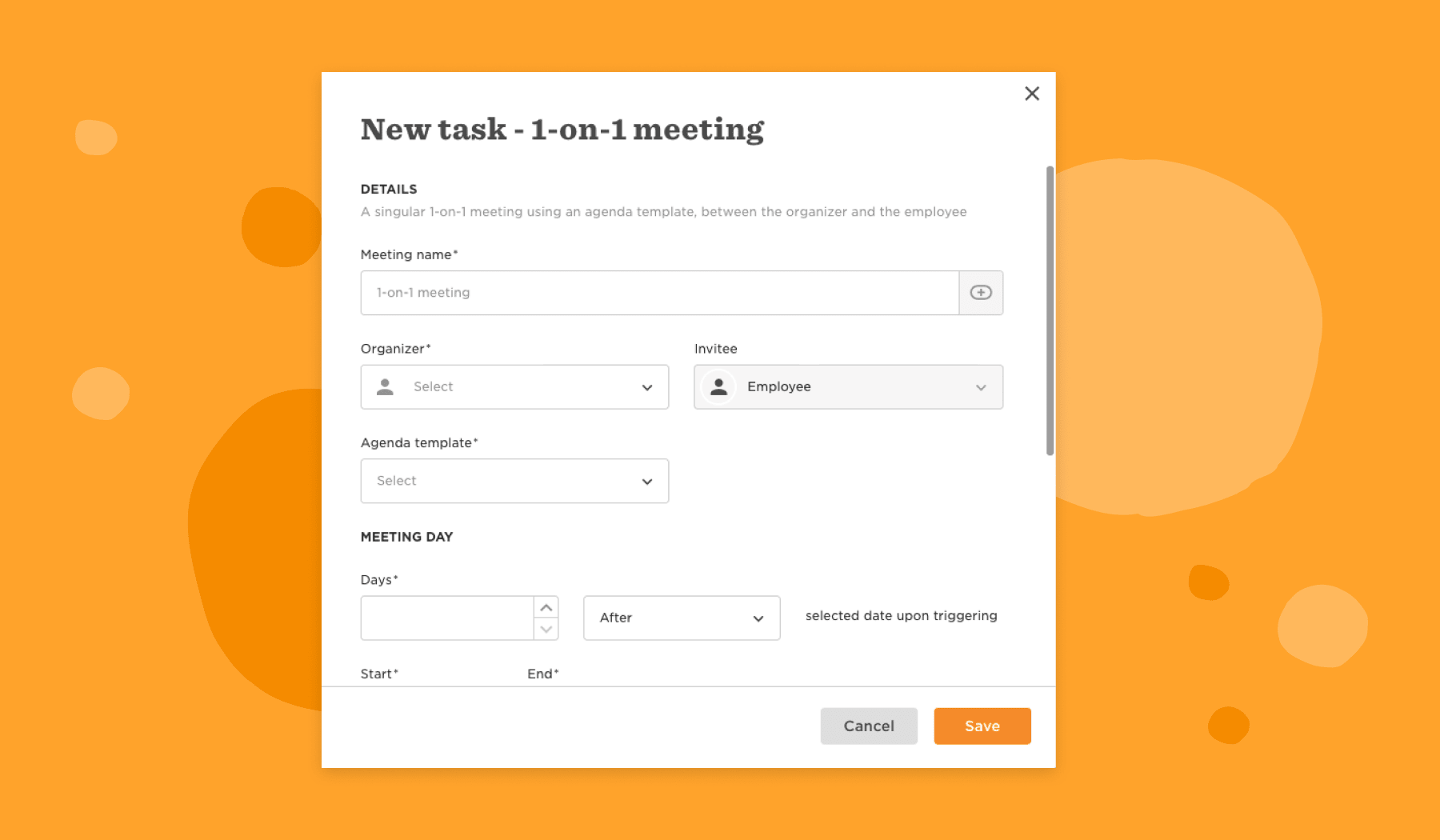 new task form for 1-on-1 meetings with sections for meeting name, organizer, invitee, agenda, and timing options, user-friendly interface with vibrant orange background and clear text labels for meeting setup.