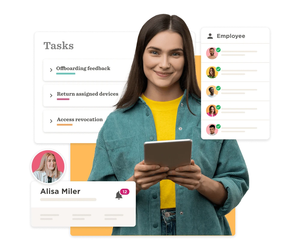 Tasks management interface featuring a smiling woman holding a tablet, displaying task lists and employee notifications. task management, employee notifications