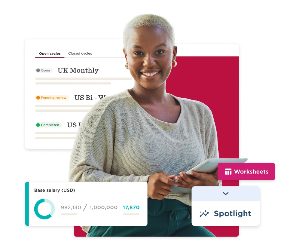 professional woman with light hair smiles, holding a tablet; background displays salary and task management data, work interface showcasing progress