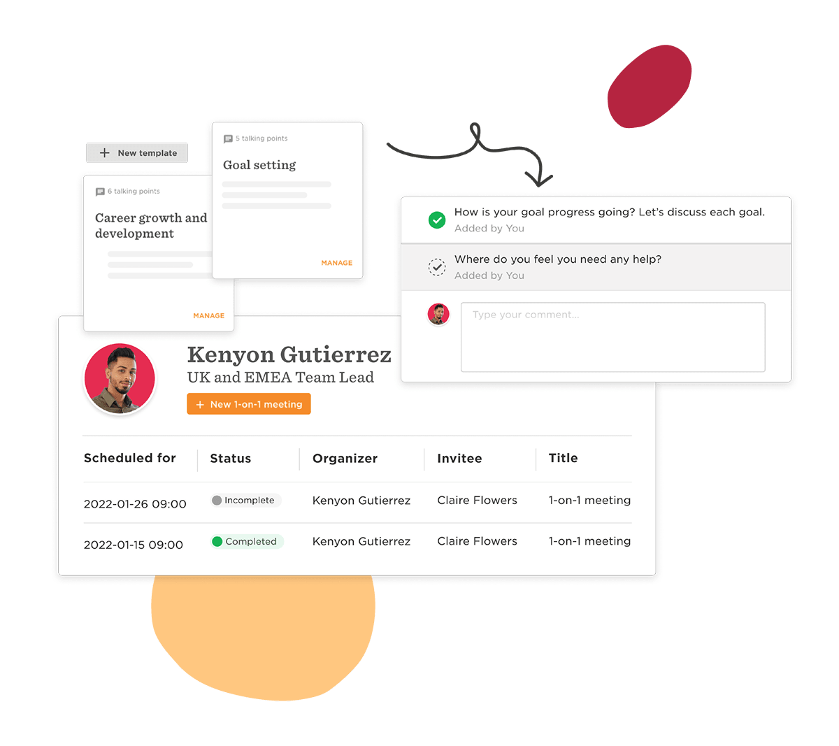 Kenyon Gutierrez's team meeting dashboard with goal-setting and feedback sections highlighted for performance reviews, 1-on-1 meeting scheduling overview with tasks and comments sections for effective communication