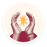 hands cupping a radiant star symbol on a circular background, symbolizing care, support, and positive energy in illustration