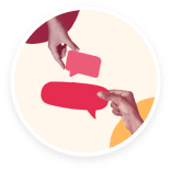 hands exchanging message bubbles, colorful communication symbols in a modern digital context