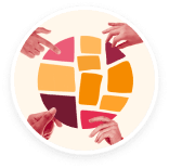 hands arranging colorful overlapping squares, collaborative design concept with vibrant shapes and diverse hand gestures