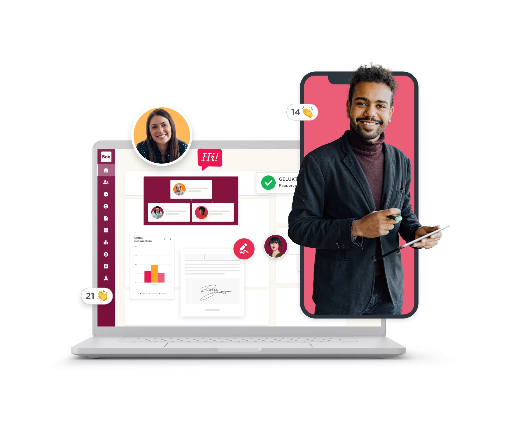 laptop-screen-with-interface, smiling-man-holding-tablet