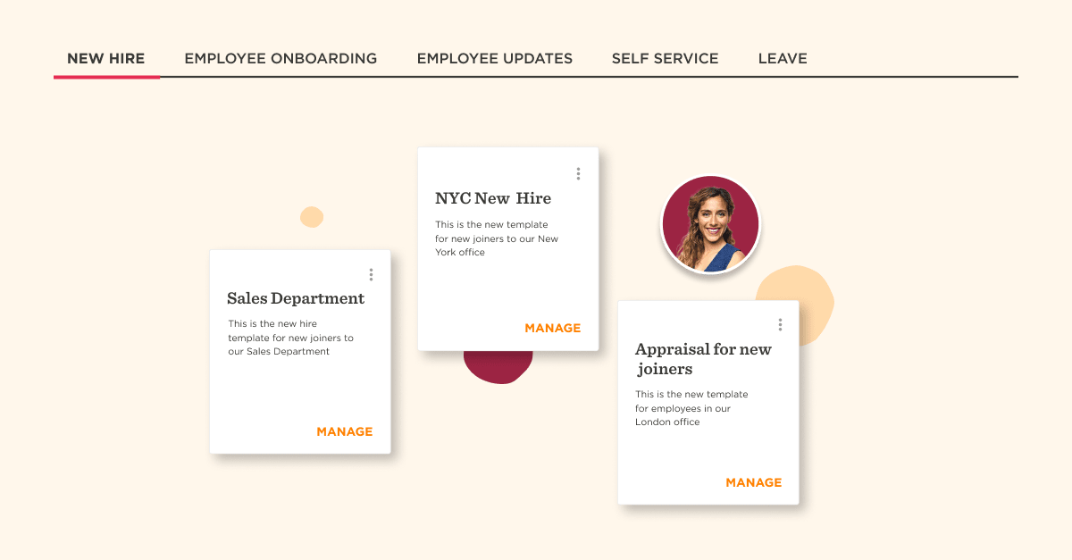 new hire management interface with templates for departments and a user profile image, employee onboarding templates and options