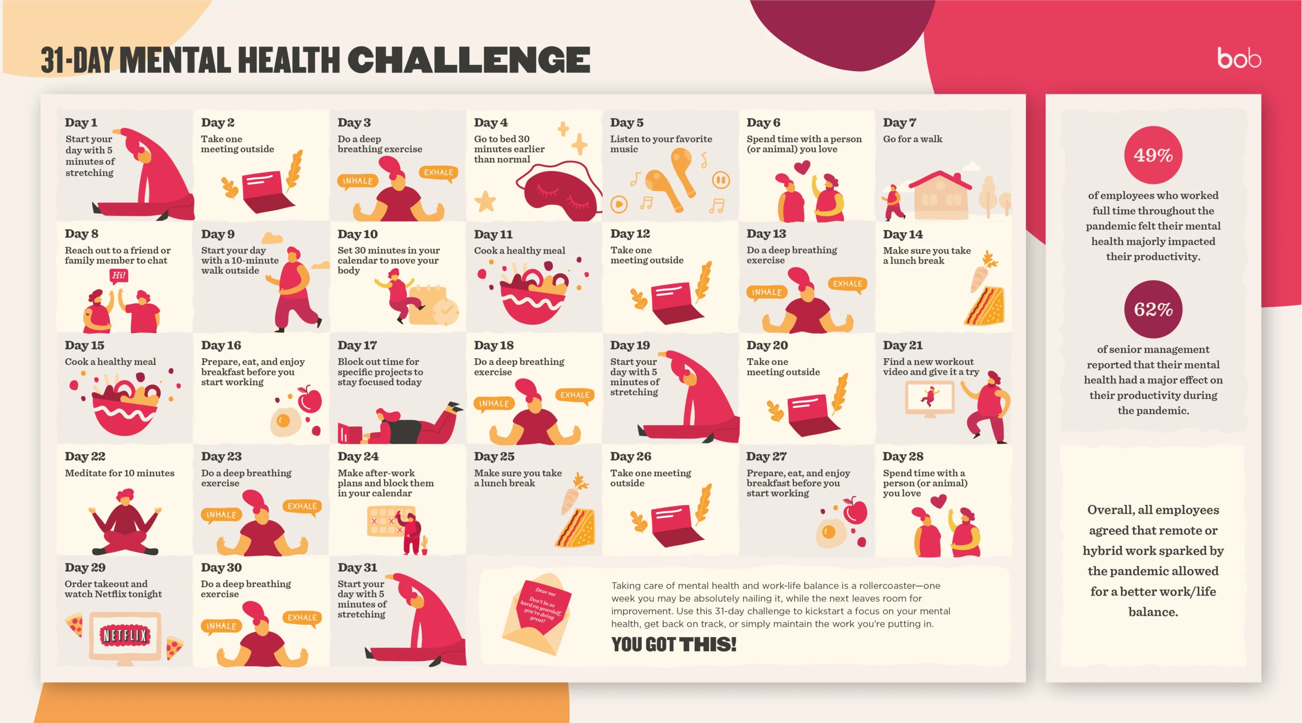 31-day mental health challenge calendar with tips, activities, and wellness insights for better work-life balance., mentalhealthchallenge, wellnessactivities
