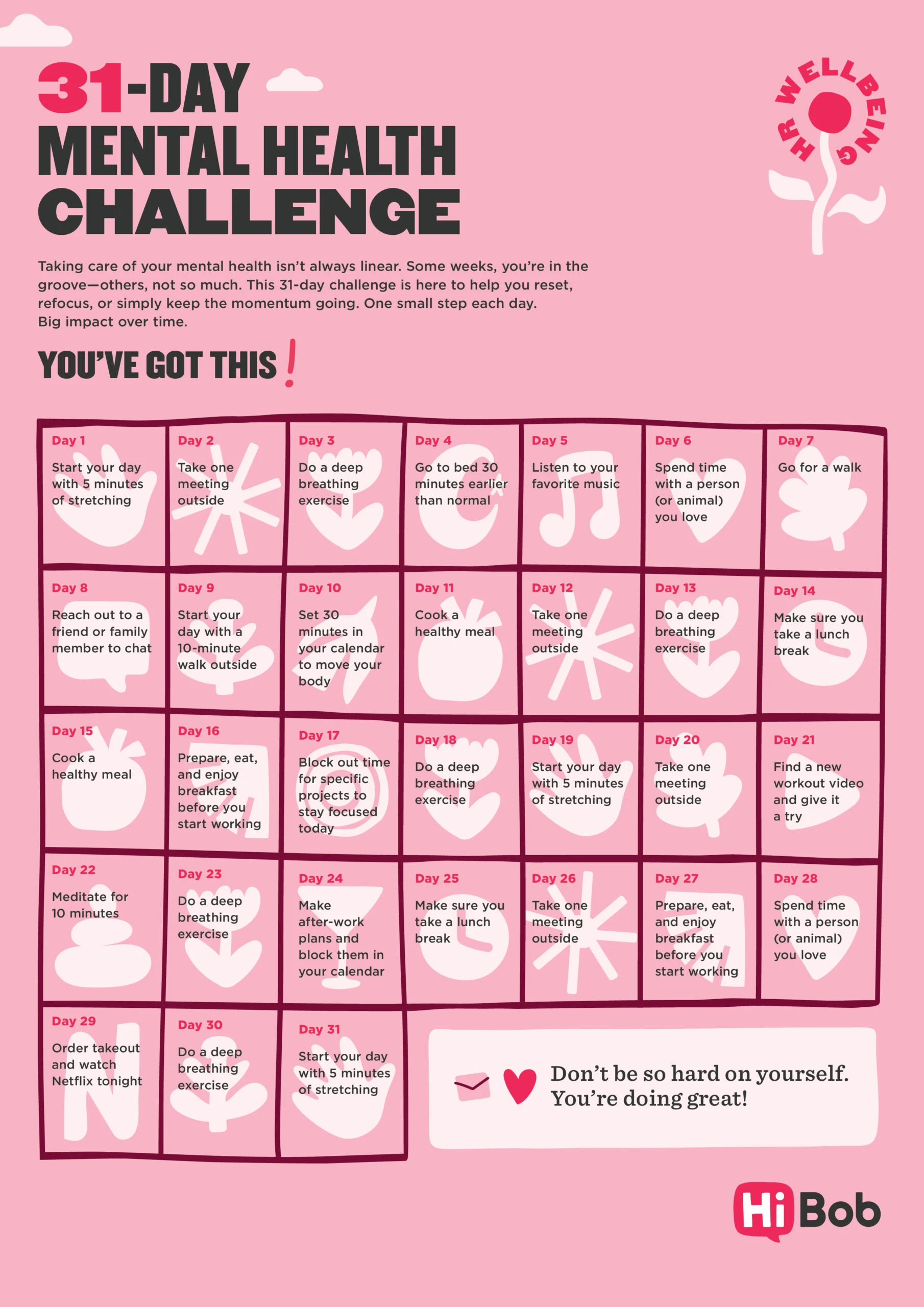 31-day mental health challenge calendar promoting wellness activities like stretching, mindfulness, and quality time., mentalhealth, wellbeingchallenge