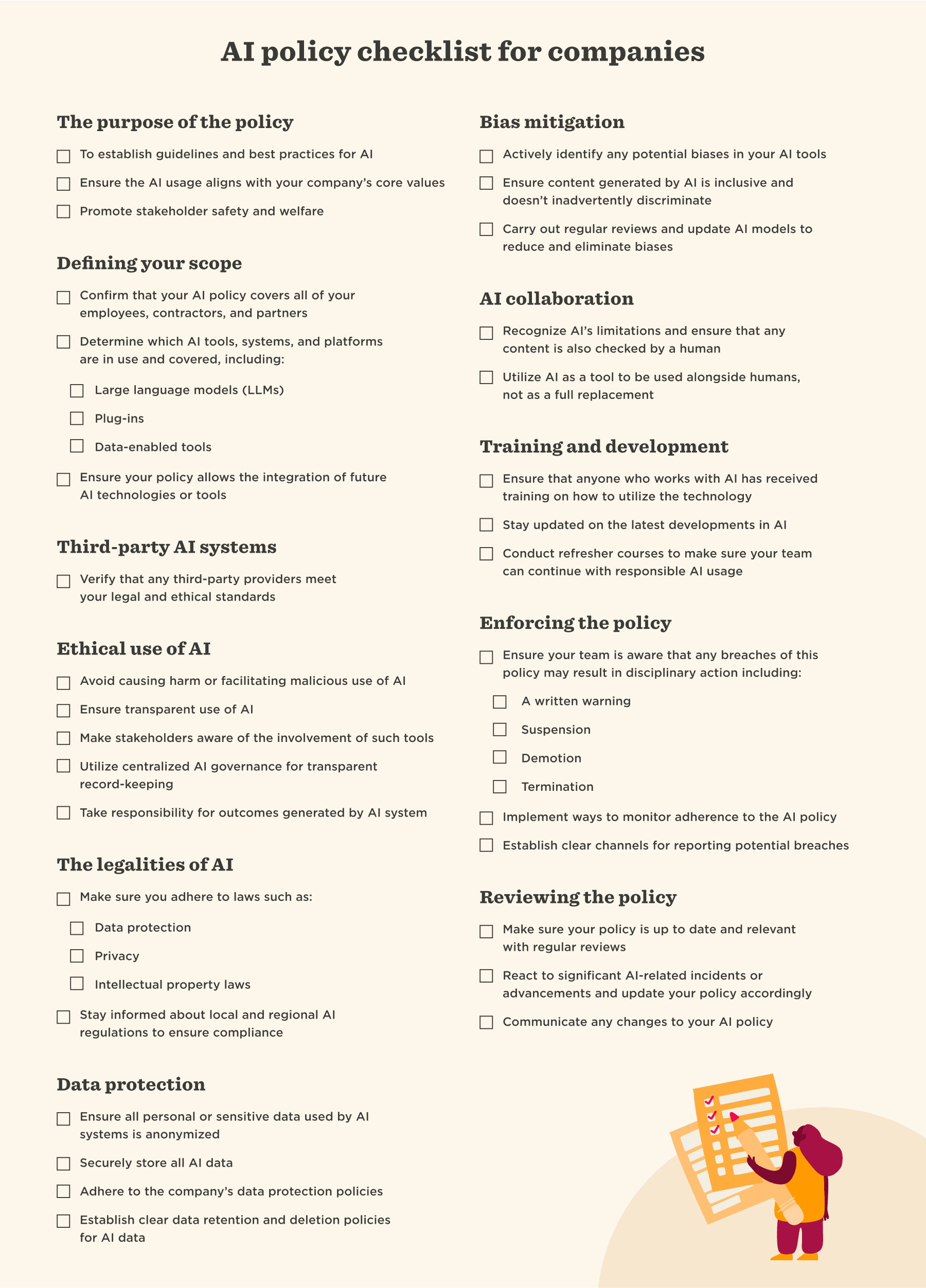 AI policy checklist for companies, covering guidelines, bias mitigation, training, and data protection with a visual checklist design., AI policy guidelines, checklist, bias mitigation, training, and data protection for organizations