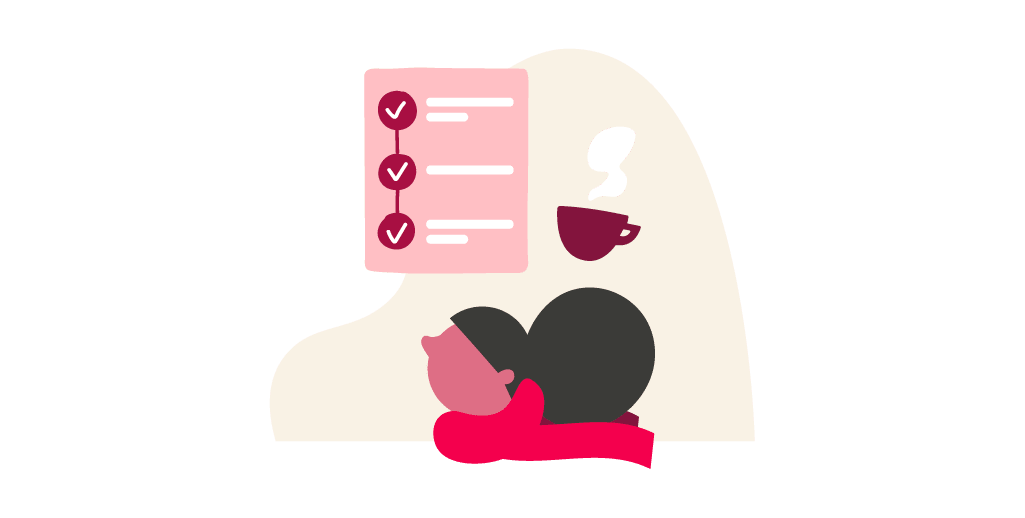 cozy scene with person resting, checklist, and steaming coffee cup on a light background, illustration of relaxation and organization