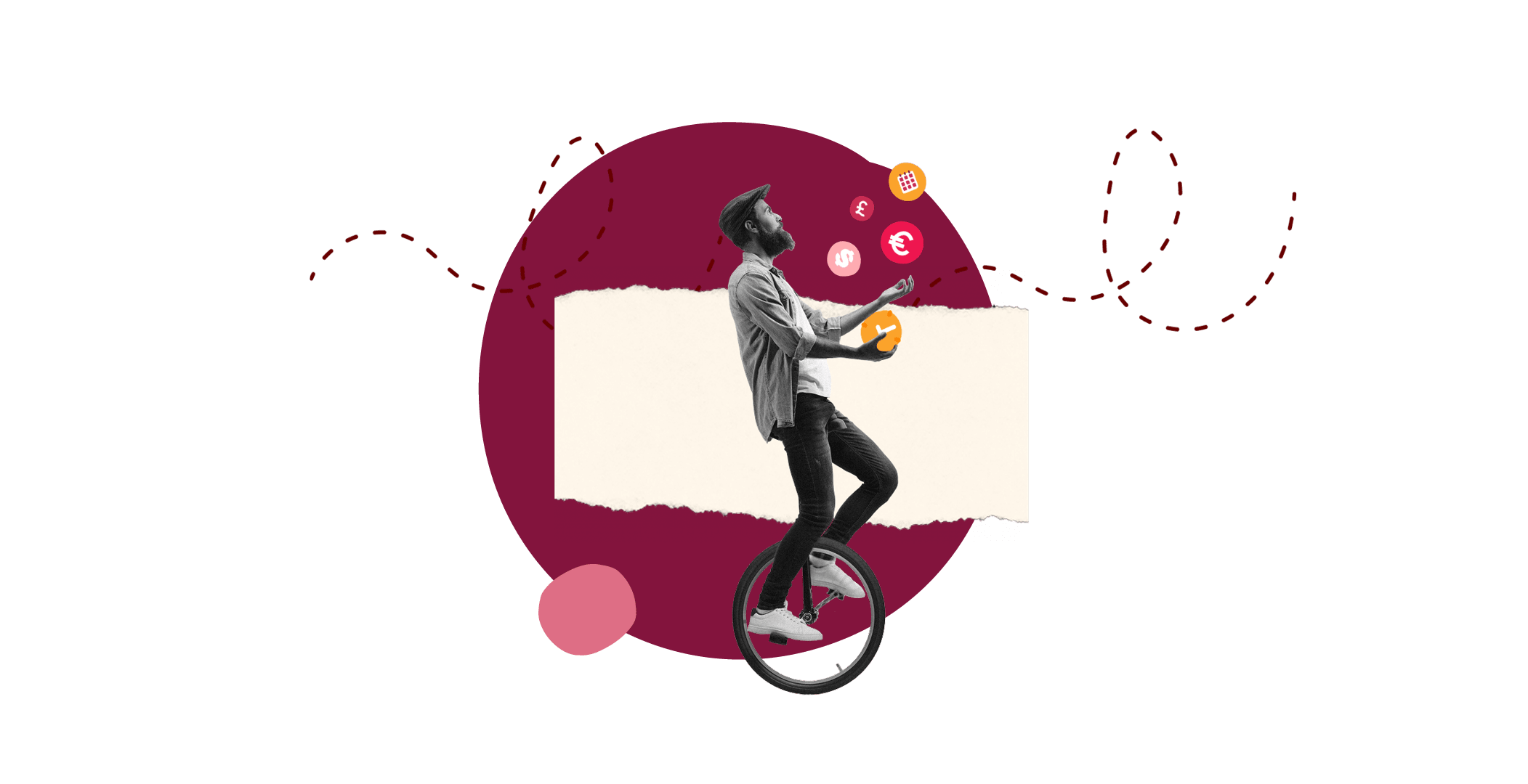 man juggling shapes while riding unicycle on abstract background, creative multitasking in modern design composition