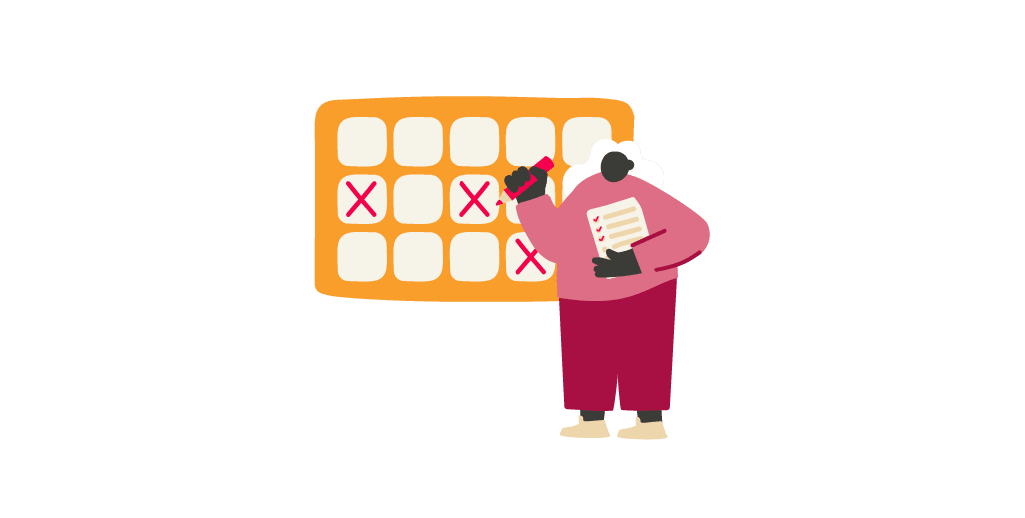 illustration of a person marking tasks on a checklist board, colorful task board with red crosses indicating completed items