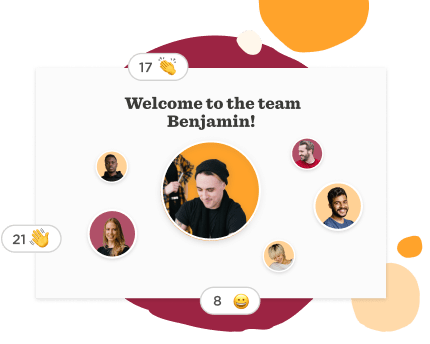 welcome message for new team member Benjamin with supportive emojis and team photos, team introduction celebration with emojis