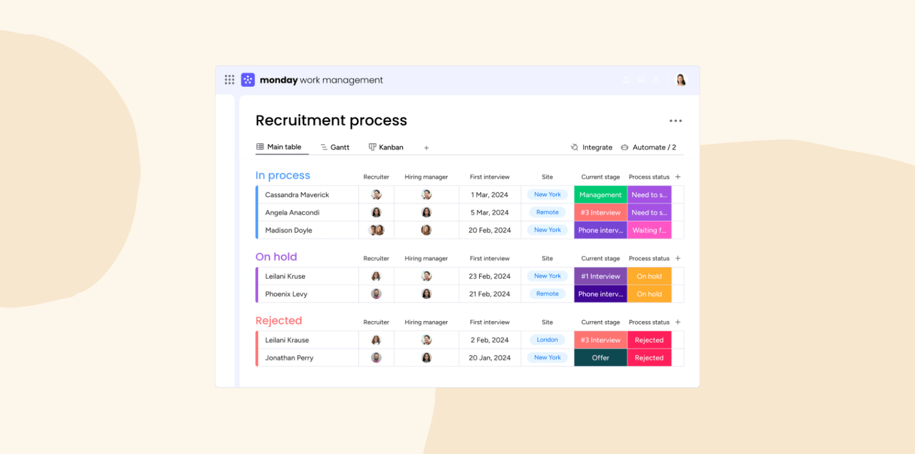 recruitment process management, table with status updates and interview details for candidates including colors for categories