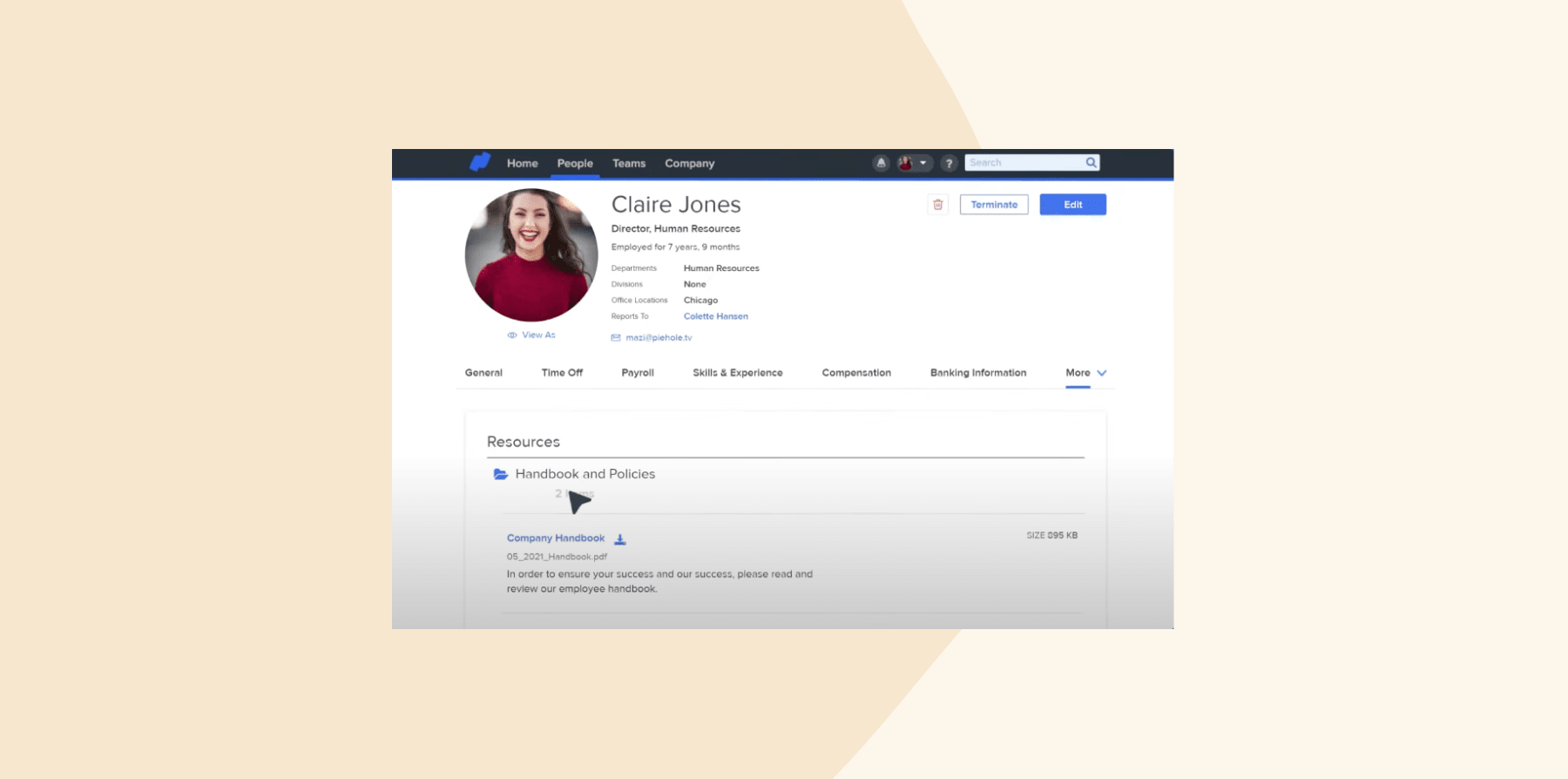 Claire Jones' HR profile shows her role, department, and resources including the employee handbook., HR profile with resources, Claire Jones HR information
