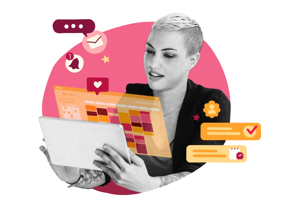 working professional using a tablet with a vibrant calendar layout, colorful notifications and messages in a creative design